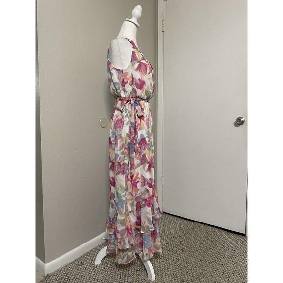 Calvin Klein Maxi Dress  8 Pink Floral Chiffon Long Fairy Cocktail Halter Tiered - Picture 7 of 16
